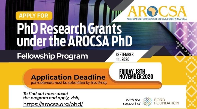 Association for Research On Civil Society In Africa (AROCSA) PhD Fellowship Program 2020/2021 ($3,500 grant)