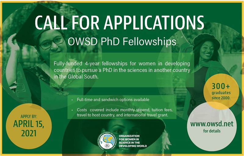OWSD PhD Fellowship Programme 2021 for Women Scientists (Funded)