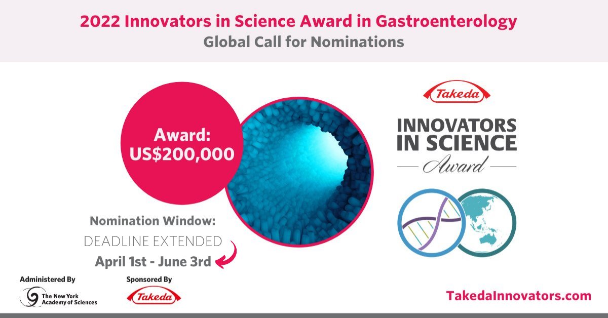 New York Academy of Sciences/Takeda Pharmaceuticals Innovators in Science Award in Gastroenterology 2022 ($200,000 prize)