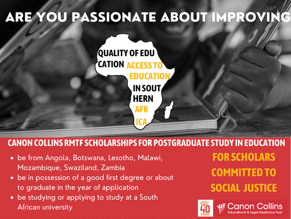 Canon Collins Trust RMTF Scholarships for Postgraduate Study in Education 2021/2022 (Up to R100,000)