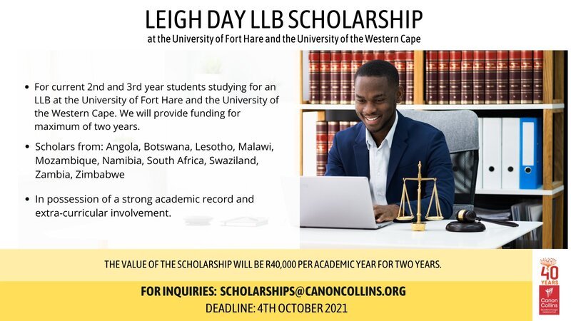 Canon Collins Leigh Day LLB Scholarship 2021/2022 at University of Fort Hare and the University of the Western Cape