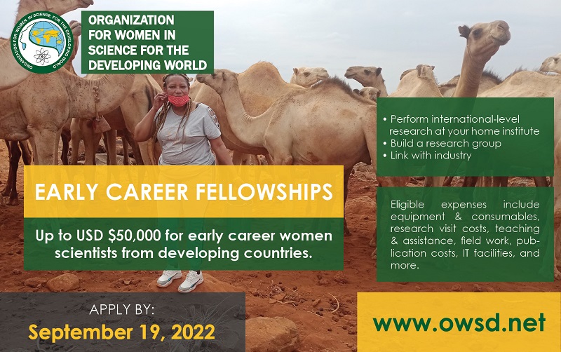 Organisation for Women in Science for the Developing World (OWSD) Early Career Fellowship 2022 (up to $50,000)